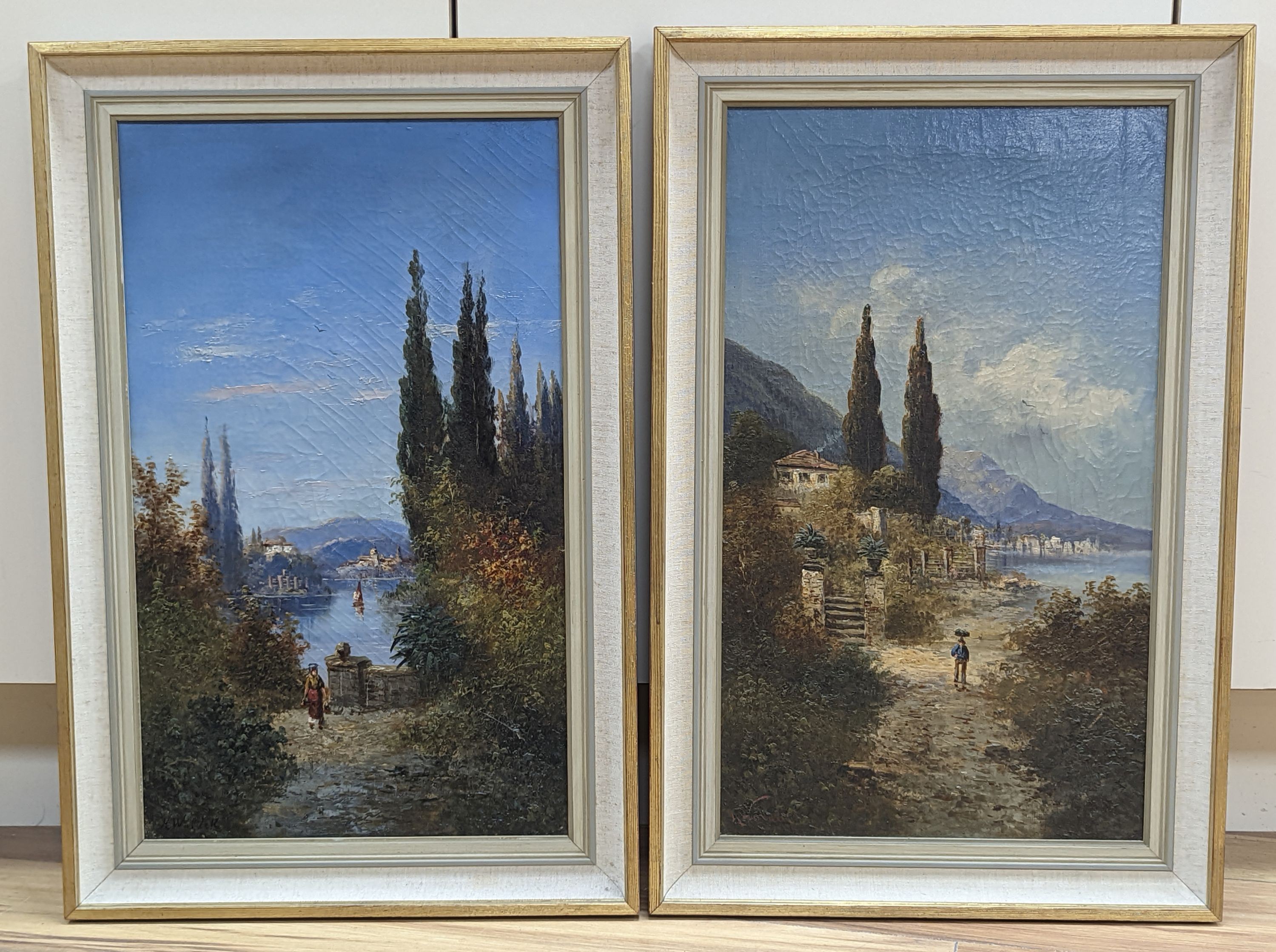 H. Waldeck c.1900, pair of oils on canvas, Lake Como and Lake Lucerne, signed, 51 x 30cm